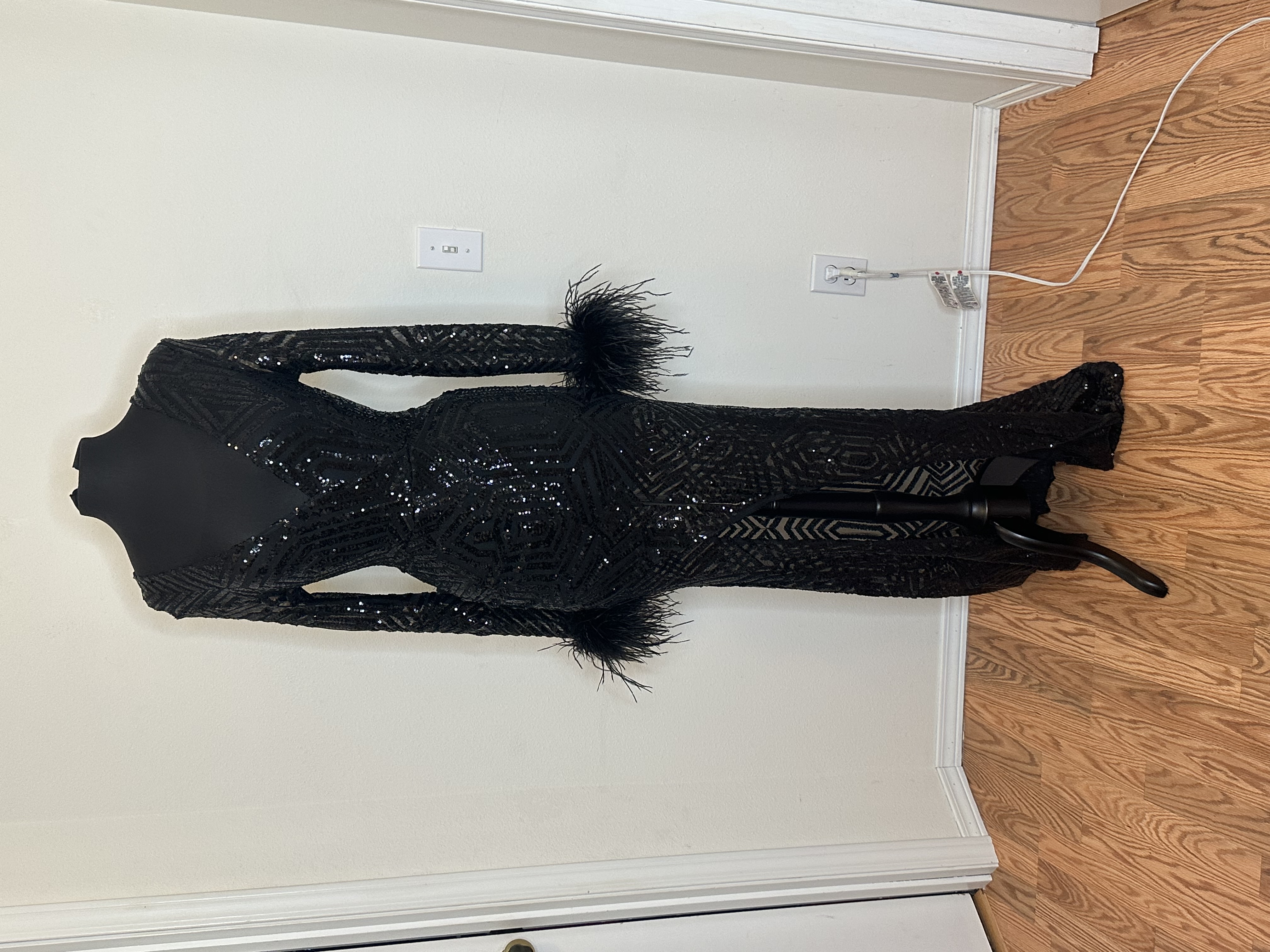 Black Dresses Evening Gown Size Adult 8 (M) Sequined Long Sleeve Dress with Feather Details (Used lightly condition) - Image 1 of 2