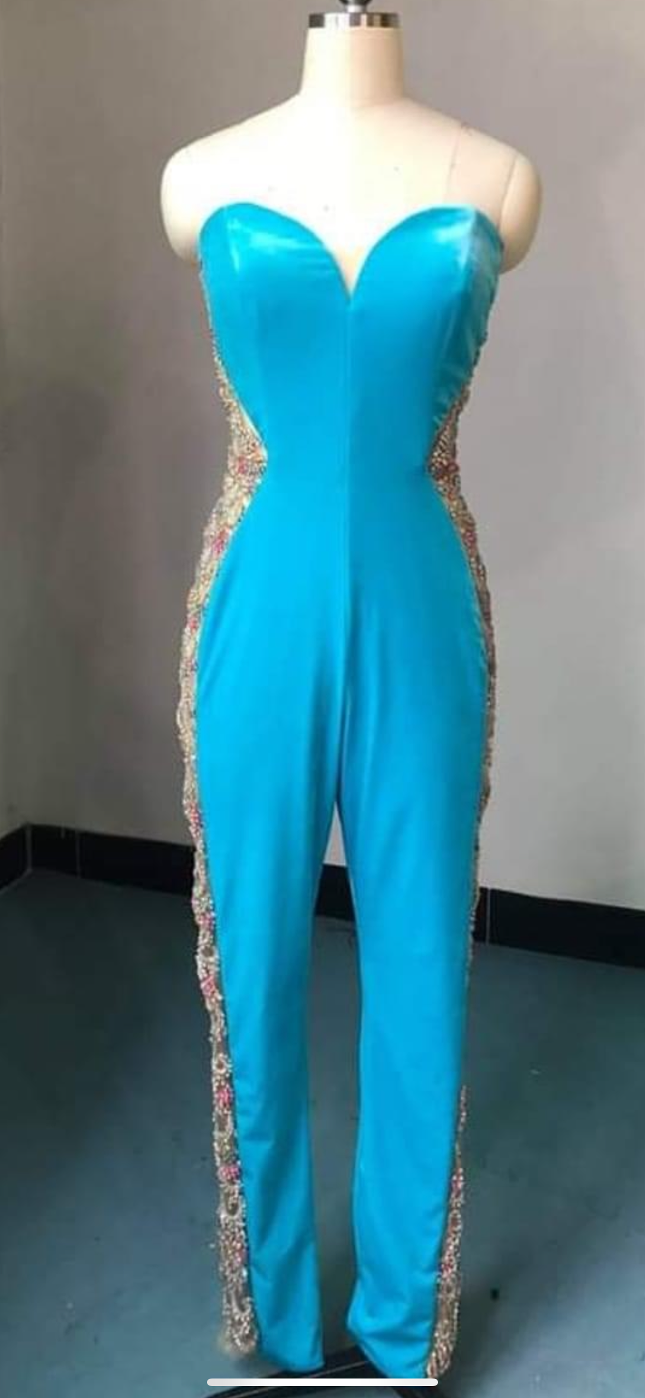 Aqua Jumpers Size Size 4 Vibrant Aqua Jumpsuit with sheer Embellished Trim (New condition) by custom - Image 1 of 4
