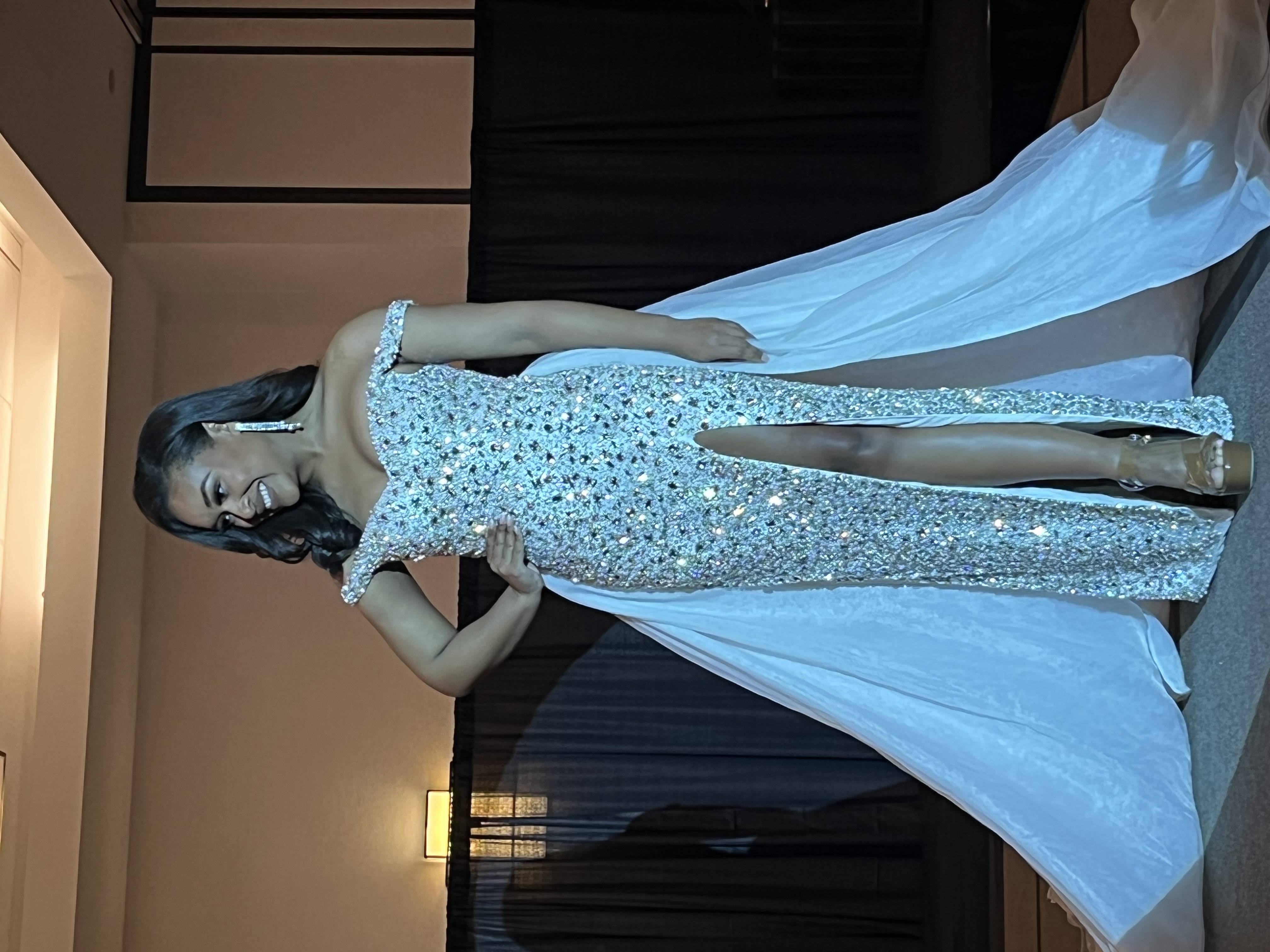 White Dresses Evening Gown Size Adult 4 (XS) Ashley Lauren Off-Shoulder Gown with Sheer Overlay (Used lightly condition) by ashley-lauren