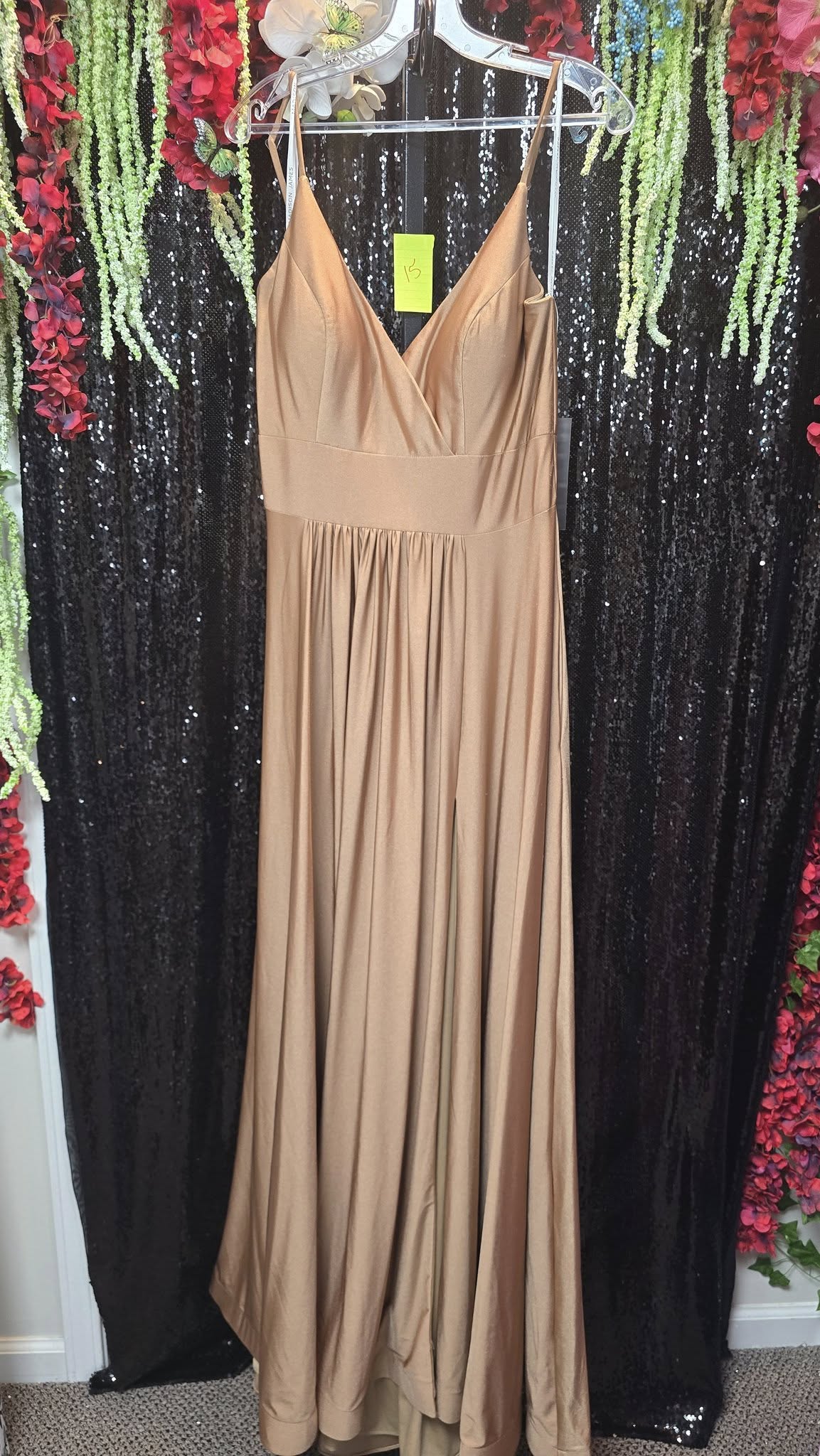 Tan Dresses Evening Gown Size Adult 12 (L) New Maddison James sz 12 pockets & front slit, Flowy Tan Evening Gown (New with tags condition) by maddison-james